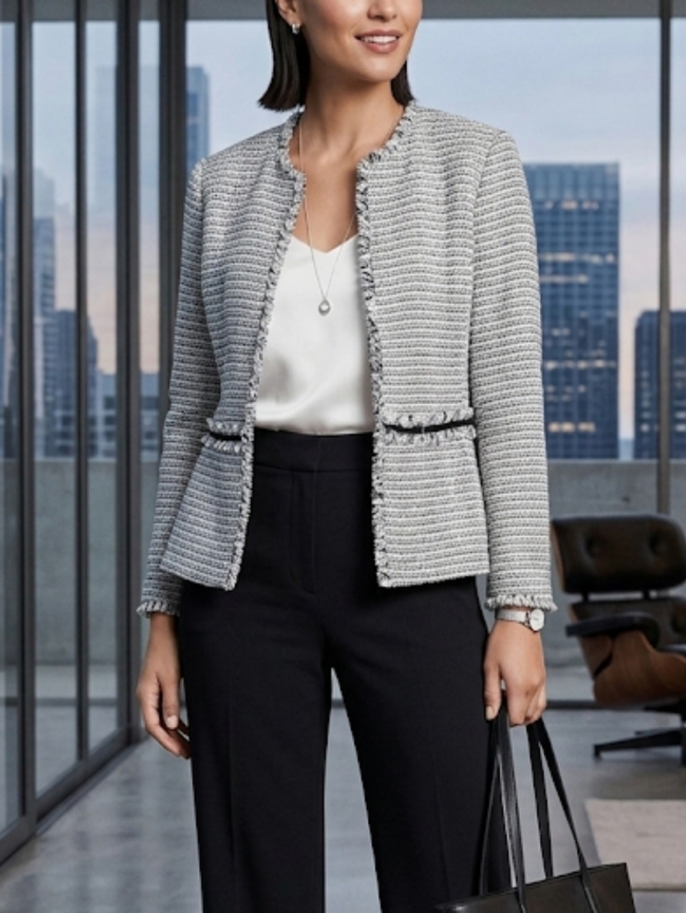 Banana Republic Tweed Open Jacket XS Grey White Frayed Trim Business Preppy